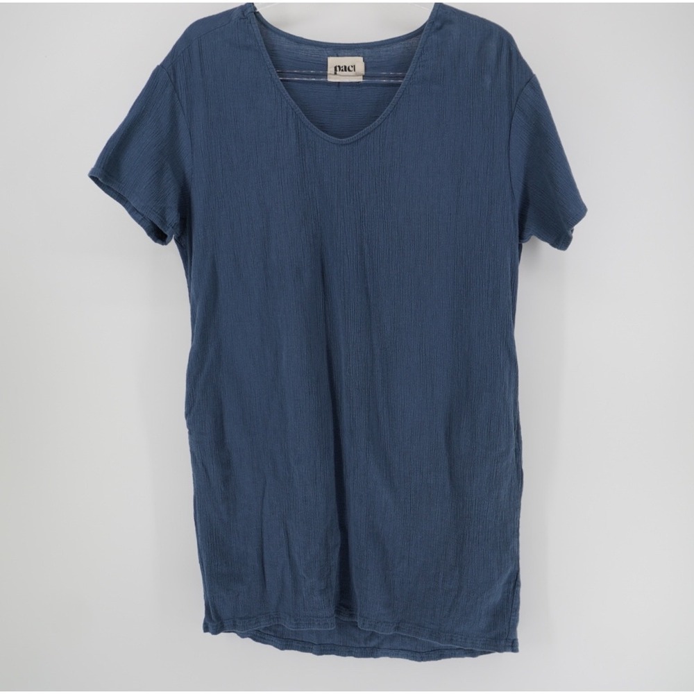 Pact Organic Cotton Gauze V-Neck Shift Dress Blue Short Sleeve Pockets Medium